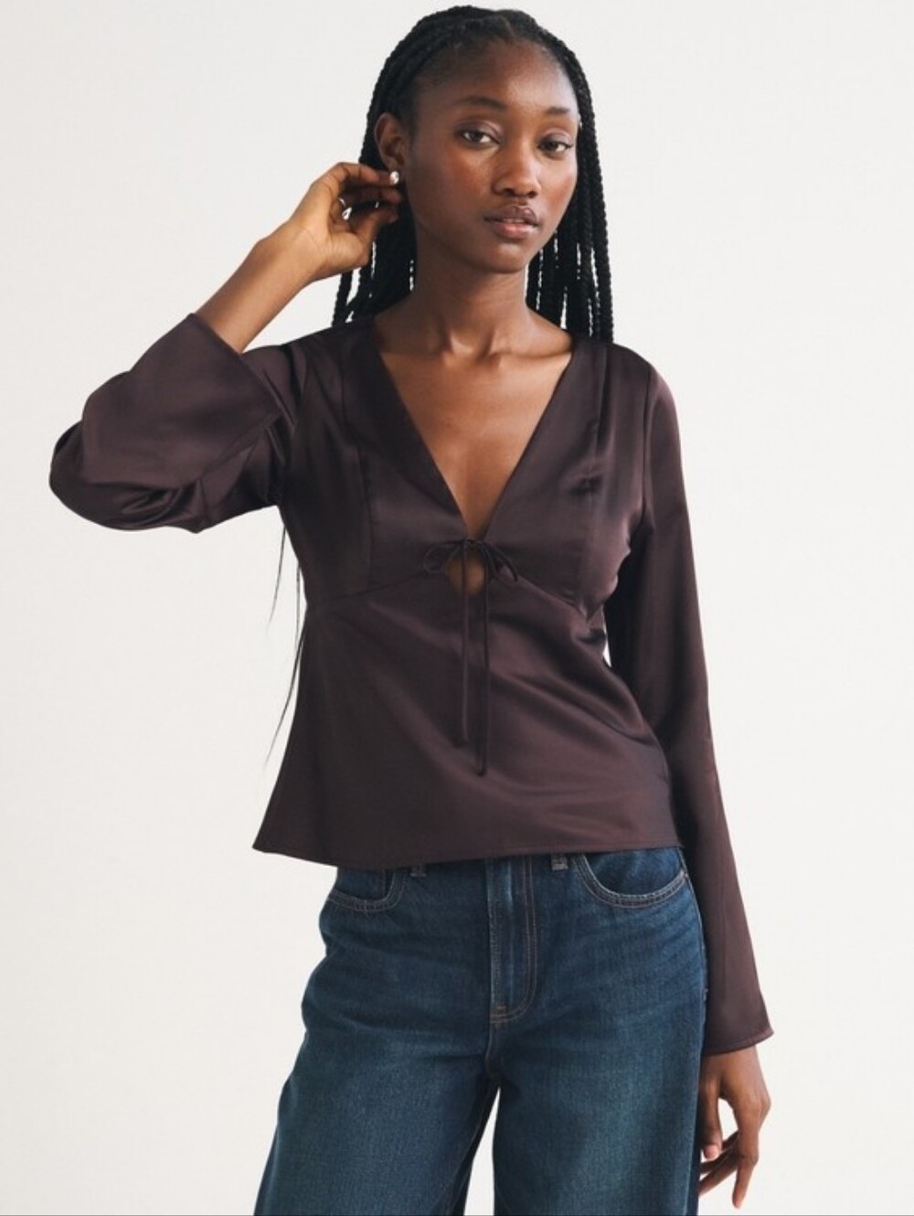 Abercrombie & Fitch Satin Tie-Front Blouse in Brown